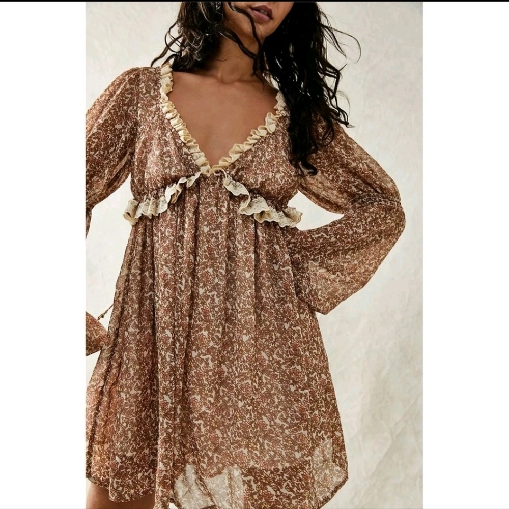 Free People Brown Floral Ruffle Long Sleeve Mini Dress
